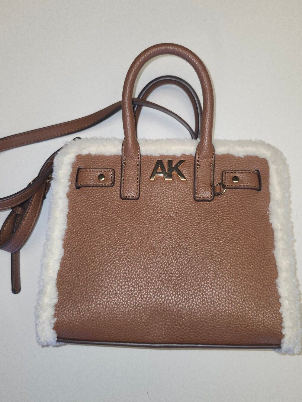 Anne Klein Square Brown Faux Leather Shoulder Bag W/ Faux Fur Detail